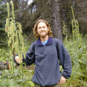 Adam Gusse in Alaska with false hellebore